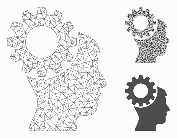 Modelo de rede de malha de vetor de engrenagem de pensamento e ícone de mosaico triangular —  Vetores de Stock