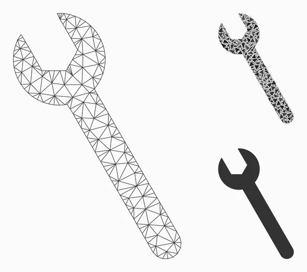 Modello della carcassa della maglia vettoriale della chiave inglese e icona del mosaico del triangolo — Vettoriale Stock