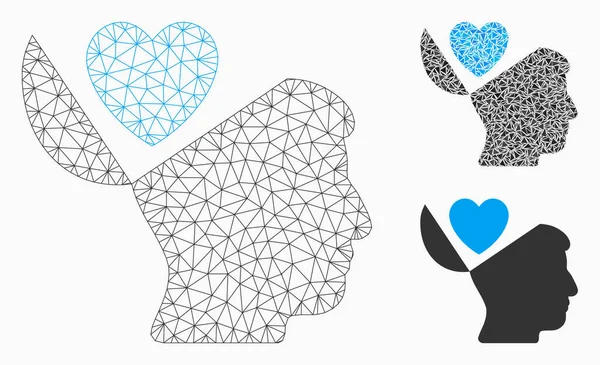 Açık zihin aşk kalp vektör mesh ağ modeli ve üçgen mozaik simge — Stok Vektör