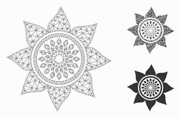Girasol flor vector malla alambre marco modelo y triángulo mosaico icono — Vector de stock