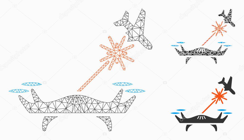 Laser Drone Strikes Airplane Vector Mesh Carcass Model and Triangle Mosaic Icon