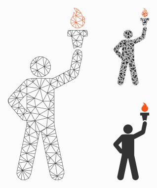 Özgürlük Meşalesi Vektör Örgü Tel Çerçeve Modeli ve Üçgen Mozaik Simgesi ile Lider