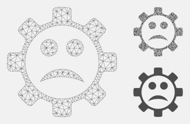 Servis Dişli Sad Smiley Vektör Örgü Tel Çerçeve Modeli ve Üçgen Mozaik Simgesi