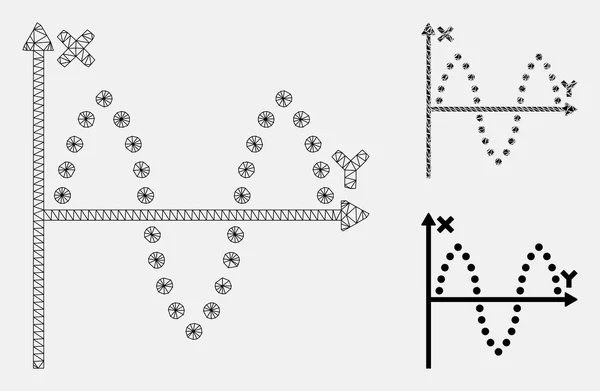 Sinusoid plot vector mesh 2D model en driehoek mozaïek pictogram — Stockvector