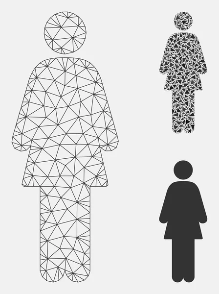 Standing Woman Vector Mesh Network Model and Triangle Mosaic Icon — Stock Vector