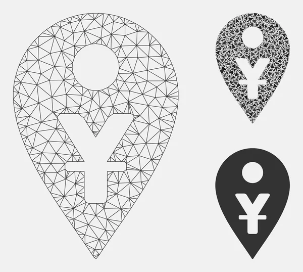 Yuan Mapa Marcador Vector Mesh Network Modelo y Triángulo Mosaico Icono — Vector de stock