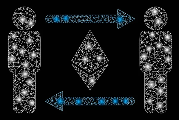 Glanzende mesh wire frame mensen ruilen Ethereum kristal met flare spots — Stockvector