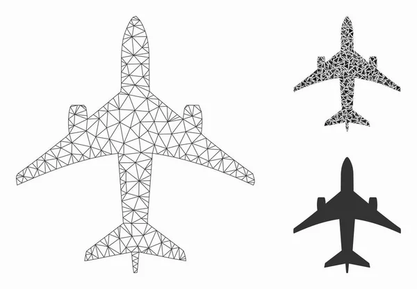 Jet Düzlem Vektör Örgü Karkas Modeli ve Üçgen Mozaik Simgesi — Stok Vektör