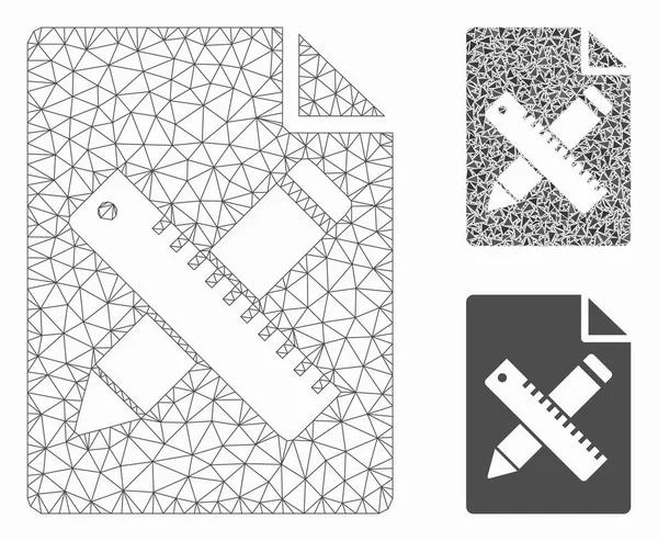 Modèle de réseau de maille vectorielle de page de crayon et de règle et icône de mosaïque de triangle — Image vectorielle