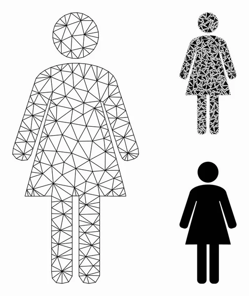 Staande vrouw vector mesh netwerk model en driehoek mozaïek pictogram — Stockvector