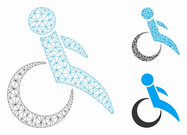 Tekerlekli Sandalye Vektör Örgü Tel Çerçeve Modeli ve Üçgen Mozaik Simgesi — Stok Vektör