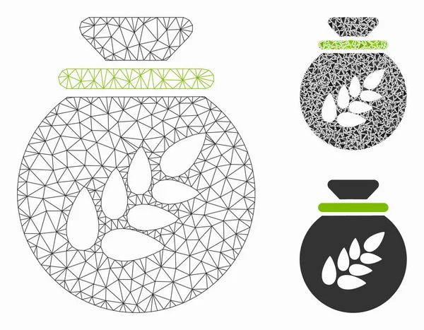 Modelo de red de malla de vectores de saco de cosecha de grano y icono de mosaico de triángulo — Vector de stock