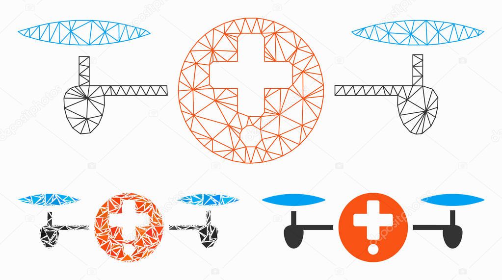 Quadcopter Pharmacy Vector Mesh Carcass Model and Triangle Mosaic Icon
