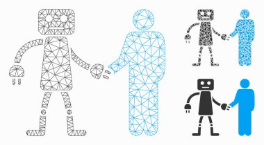 Robot İnsan El Sıkışma Vektör Örgü Tel Çerçeve Modeli ve Üçgen Mozaik Simgesi