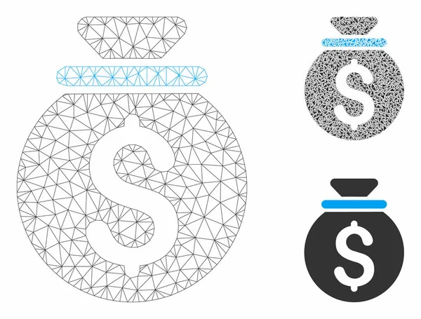 Modelo de quadro de arame de malha de vetor de saco de dinheiro e ícone de mosaico de triângulo — Vetor de Stock