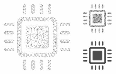İşlemci Vektör Örgü Tel Çerçeve Modeli ve Üçgen Mozaik Simgesi