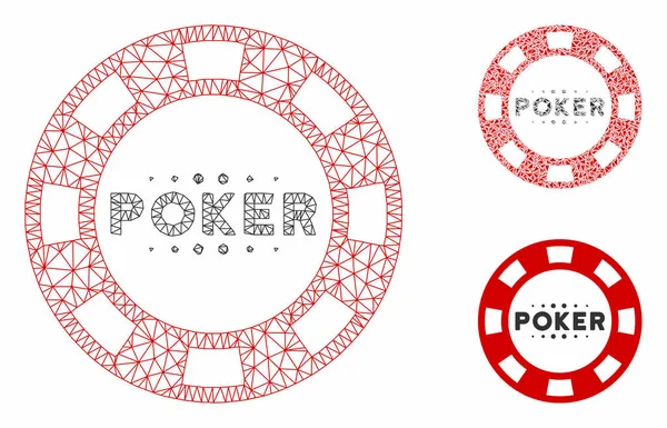 Poker Casino Chip Vektör Örgü Tel Çerçeve Modeli ve Üçgen Mozaik Simgesi — Stok Vektör