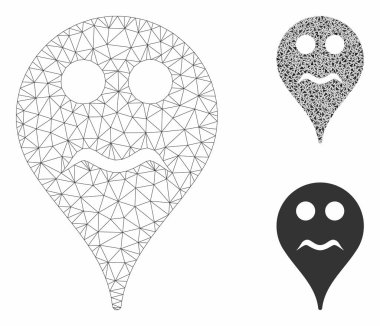 Ciddi Smiley Harita Marker Vektör Örgü Tel Çerçeve Modeli ve Üçgen Mozaik Simgesi