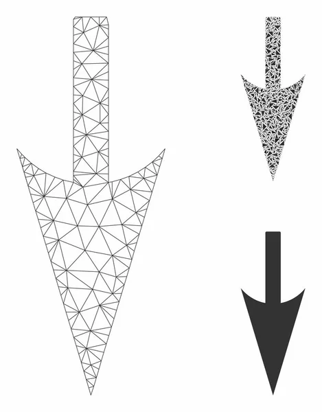 Ostrá šipka dolů vektor síťoviny drátový model a ikona trojúhelníkové mozaiky — Stockový vektor