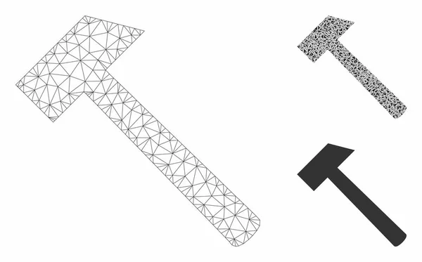 Hammer Werkzeug Vektor Drahtgitterrahmen Modell und Dreieck Mosaik-Symbol — Stockvektor