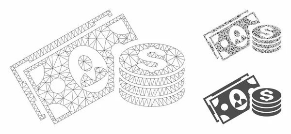 Dinheiro Cash Vector Mesh Network Modelo e Triângulo Ícone Mosaico — Vetor de Stock