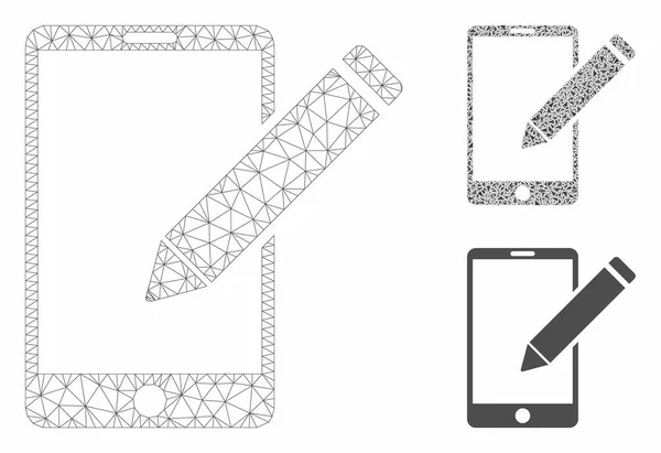 Smartphone Edycja ołówek siatka wektorowa 2D model i Trójkąt mozaika ikona — Wektor stockowy