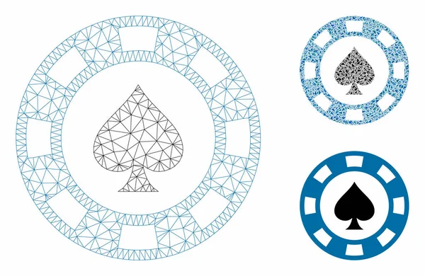 黑桃赌场芯片矢量网格网络模型和三角形马赛克图标 — 图库矢量图片