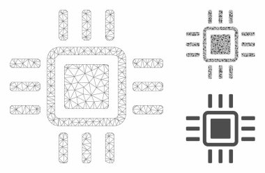 İşlemci Vektör Örgü Tel Çerçeve Modeli ve Üçgen Mozaik Simgesi