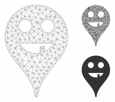 Dişsiz Smiley Harita Marker Vektör Örgü Ağ Modeli ve Üçgen Mozaik Simgesi