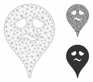 Trouble Smiley Harita İşaretleyici Vektör Örgü Tel Çerçeve Modeli ve Üçgen Mozaik Simgesi