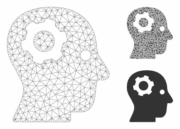 Modèle de réseau de maille vectorielle d'engrenage de pensée et icône de mosaïque de triangle — Image vectorielle