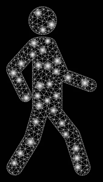 Glowing Mesh Network Walking Man with Light Spots — Stock Vector