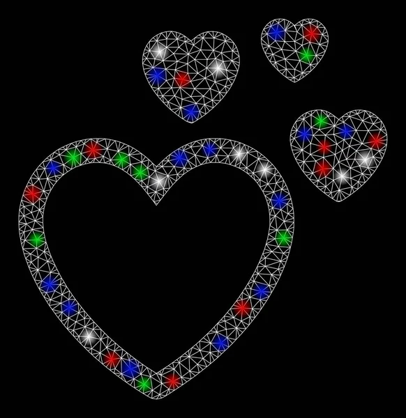 Cœurs d'amour lumineux en maille 2D avec des taches de lumière — Image vectorielle