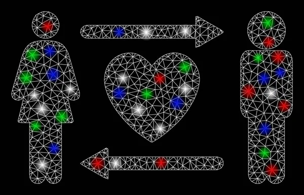 Cœur lumineux d'échange de personnes de cadre de fil de maille avec des taches éclair — Image vectorielle