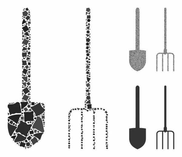 Pitchfork and shovel tools Mosaic Icon of Raggy Parts — Stock Vector