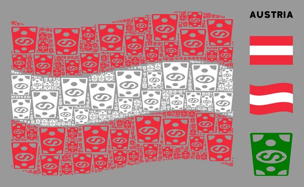 Drapeau autrichien ondulé Collage d'icônes de billets en dollars — Image vectorielle