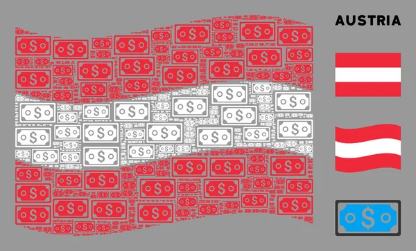Drapeau autrichien ondulé Collage de billets en dollars Articles — Image vectorielle
