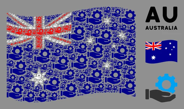 Waving Australia Flag Pattern of Mechanic Gear Service kézi ikonok — Stock Vector