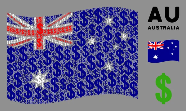 Schwenken australische Flagge Zusammensetzung von Dollar-Artikeln — Stockvektor