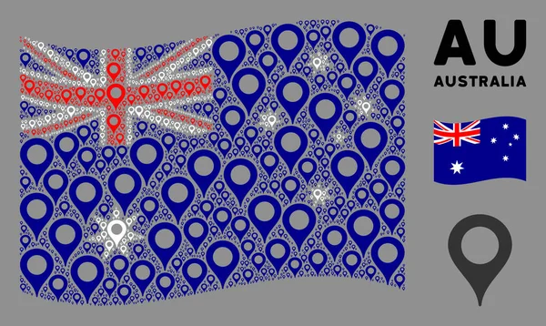 Waving Ausztrália zászló kollázs térkép Marker Icons — Stock Vector