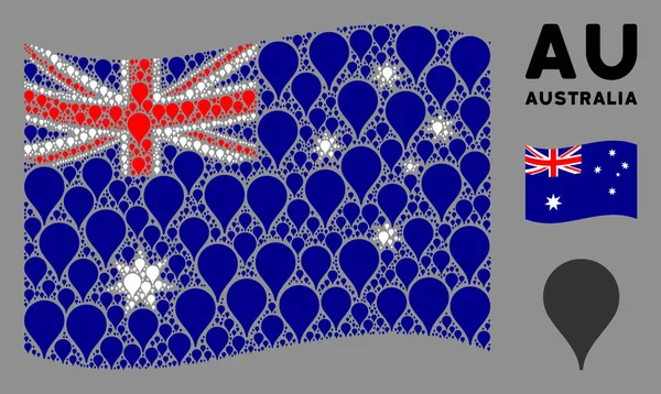 Waving Ausztrália zászló Mozaik térkép mutató elemek — Stock Vector