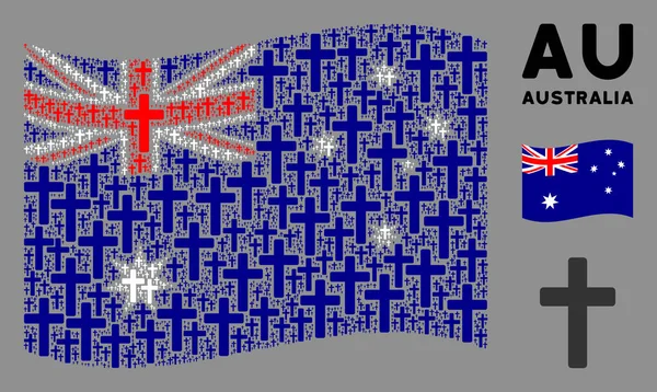 Schwenken australische Flagge Mosaik religiöser Kreuze — Stockvektor