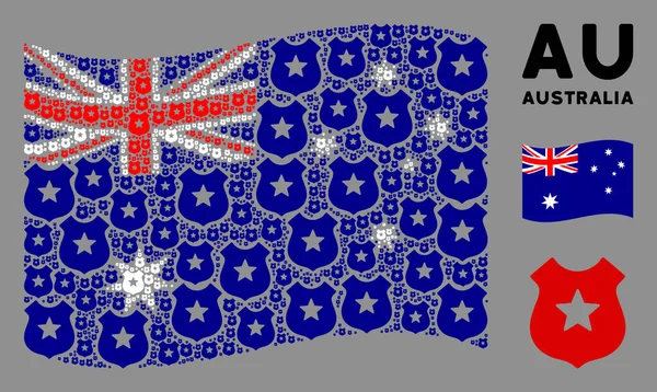 Размахивая австралийским флагом, иконы полицейского щита — стоковый вектор