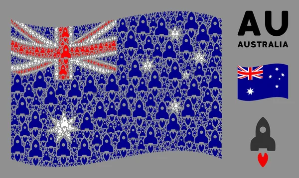 Waving Ausztrália zászló kollázs Space Rocket Icons — Stock Vector