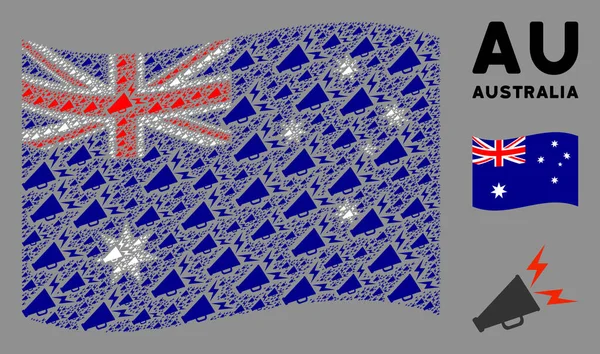 Integetés Ausztrália zászló Mozaik riasztás Megafon ikonok — Stock Vector