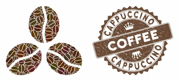 Café Collage grains de café avec Grunge Cappuccino Coffee Seal — Image vectorielle