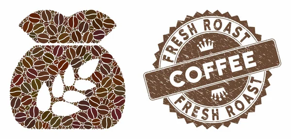 Кофе Мозаика зерна урожая мешок с гранж свежий кофе печать — стоковый вектор