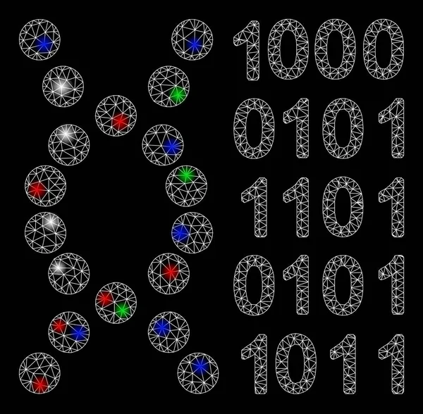 Código de ADN de red de malla brillante con puntos de luz — Vector de stock
