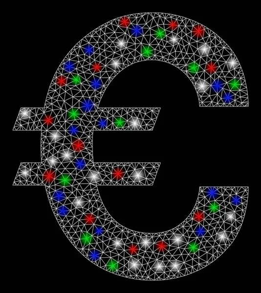 Symbole Euro de cadre de fil de maille lumineux avec des taches de fusée éclairante — Image vectorielle