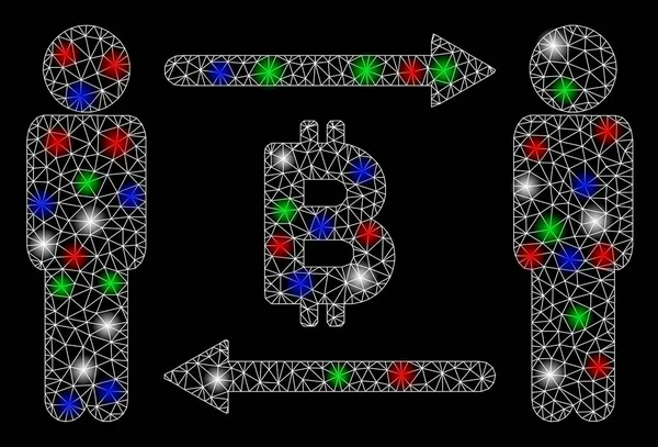 Bright Mesh Wire Frame Personnes échange Bitcoin avec des taches flash — Image vectorielle